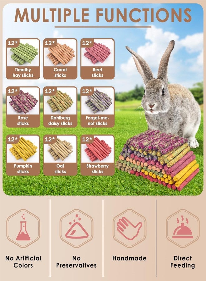 Bissap 108PCS Rabbit Chew Sticks, Mix Natural Timothy Hay Oat Carrot Beet Rose Dahlberg Daisy Myosotis Pumpkin Strawberry Bunny Chews Toy Treat for Chinchilla Guinea Pig Hamster Small Pet Molar Snack - Image 2